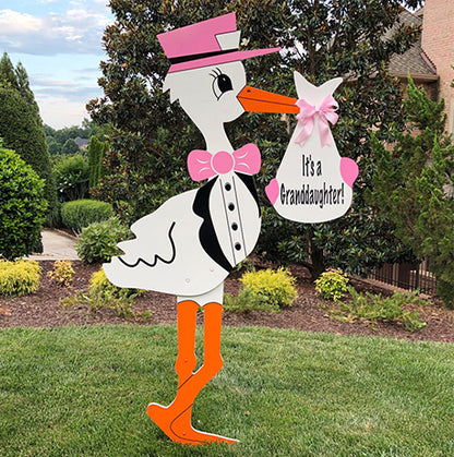 Pink stork with generic "It's a grandaughter!" message on bundle